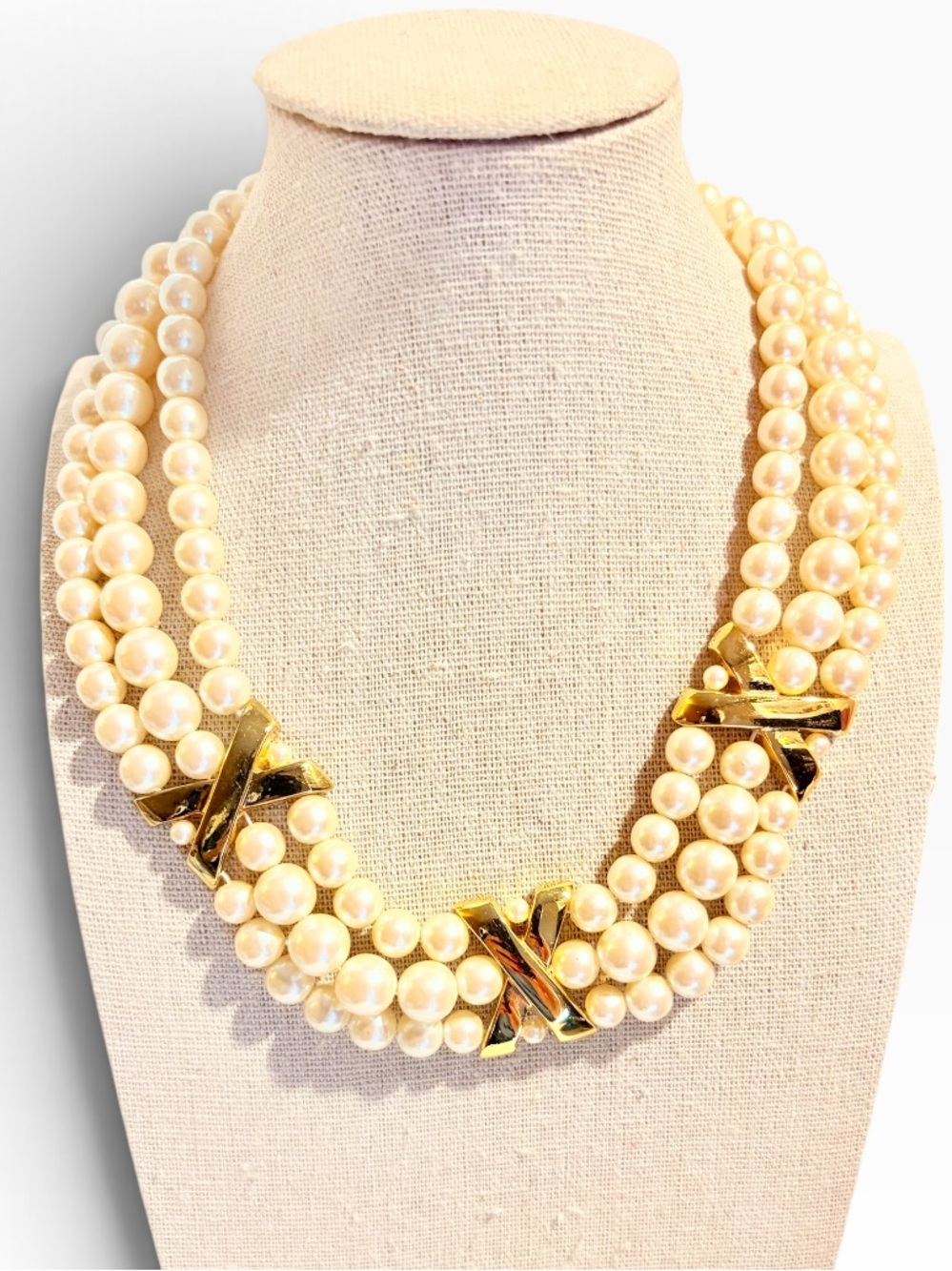 Vintage 80s Triple Strand Faux Pearl Choker Collar Necklace Gold X Accents 16 In